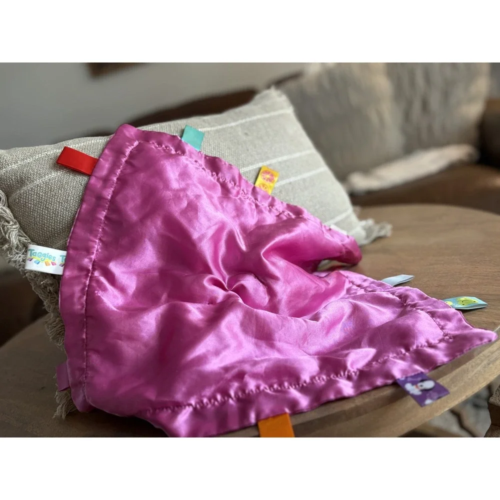 Taggies Pink Floral Teddy Bear Baby Security Blanket Satin Ribbon Loops Plush